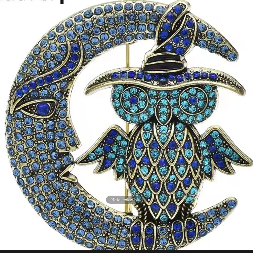 Blue Crystal Moon and Owl Brooch